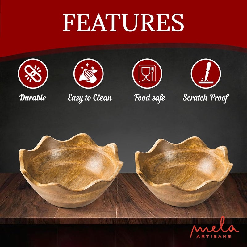 Mela Artisans Scalloped Decorative Wooden Bowls Set of 2 |12 Inch &10 Inch Mango Wood Fruit | Serving Bowls | Natural Grain Texture | Kitchen Counter | Snacks | Desserts | Bread | Handcrafted Decor - Image 3